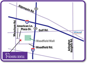 Woodfield mall の西側に左上図のビルと同じ様式のビルが３棟ございます。当院は999 Plaza Driveのビル内の350号室です。